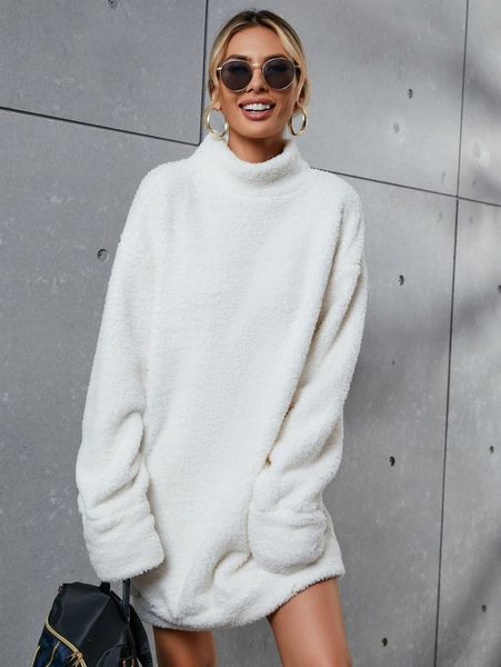 

drop shoulder mock neck teddy sweatshirt dress z0nv#, White;black