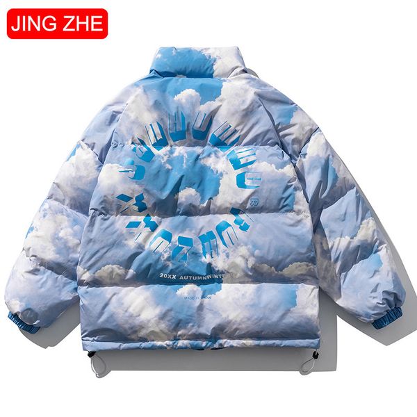

jing zhe white duck down jacket men blue sky clouds print coat winter thicken down jackets couple harajuku fashion parkas q1215, Black