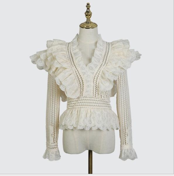 

australian celebrity tide brand new lace temperament lotus leaf long-sleeved top, White