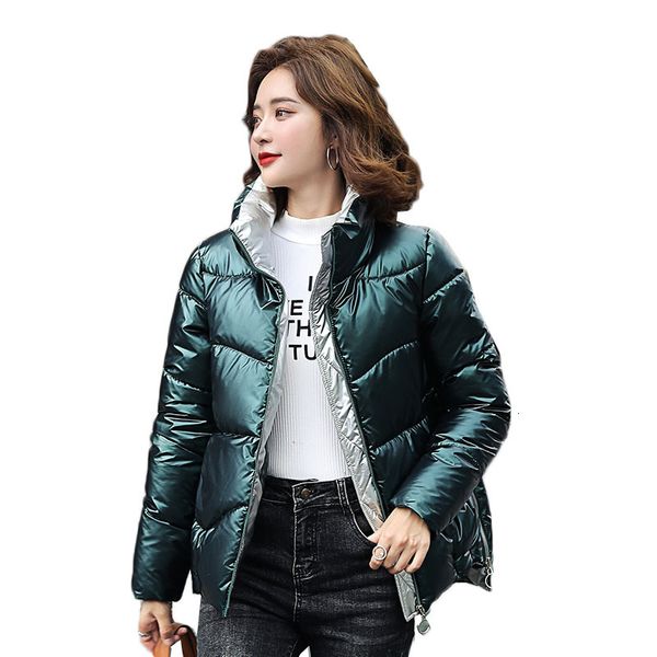 

2021 new women winter jacket short glossy cotton padded coat autumn feminino colid color parka stand collar warm plus size overcoat w472 mot, Black