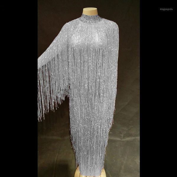 

bright red crystals long tassel dress female singer fringe stage performance dance wear prom party ds skinny costume dj ds1, Black;red