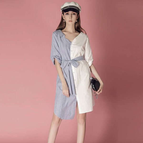

women's summer new cool style asymmetric color matching stripe v-neck lace up shirt skirt dress, Black;gray