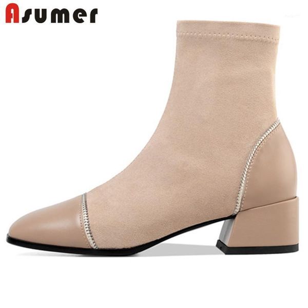 

boots asumer 2021 big size 43 women ankle zipper square heel comfortable casual shoes autumn winter elastic ladies1, Black
