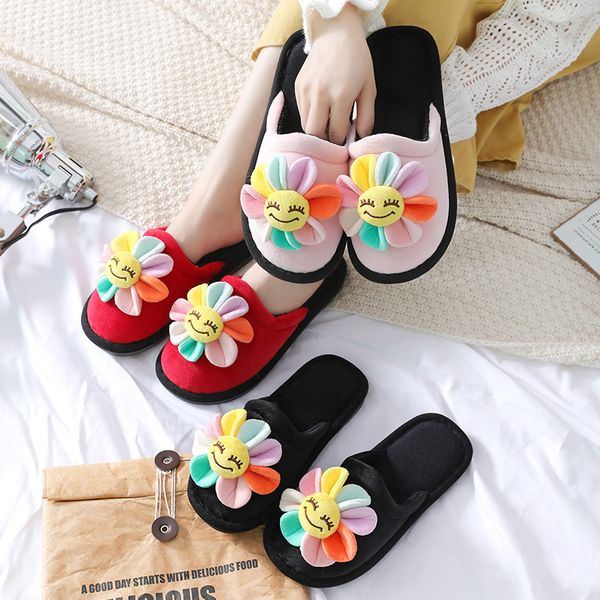 

fashion winter home shoes women house slippers warm sun flower non-slip floor indoor comfortabl furry slippers fur soft slides y1202, Black