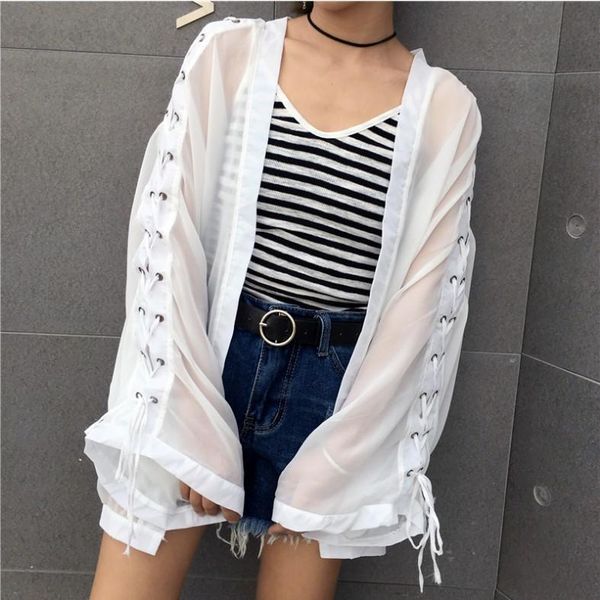 

women's jackets summer sunscreen sunproof batsleeve bandage rivet open coat see through clear transparent white jacket girls women hip, Black;brown