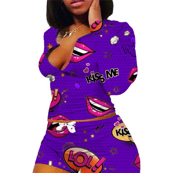 

women designer clothes lips print long-sleeved t shirt shorts two pieces outfits home wear plus size fashion casual sport suits f112503, Gray