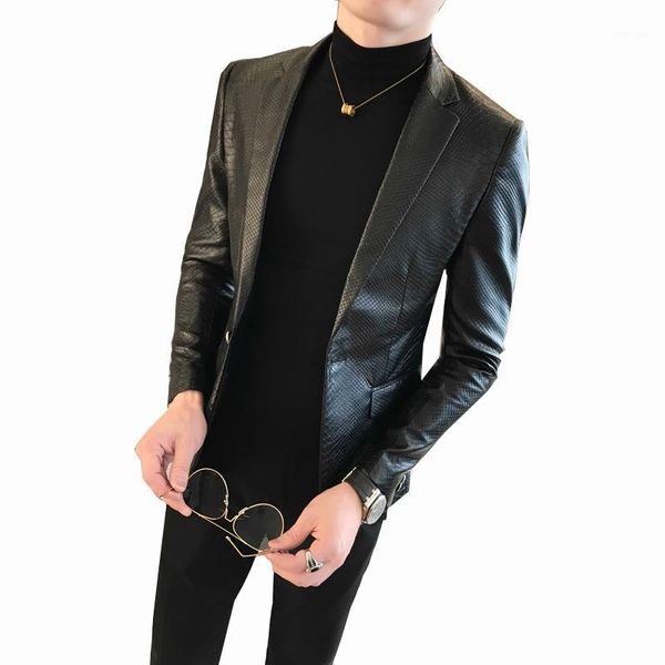 

men new 2021 slim autumn snakeskin pattern mens leather suit jacket black blazer large size 4xl1