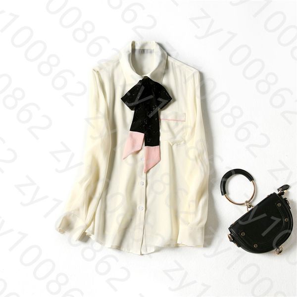 

2021 spring long sleeve lapel neck black / beige pure color natural real silk ribbon tie bow pockets soie blouse elegant shirts wd28292, White