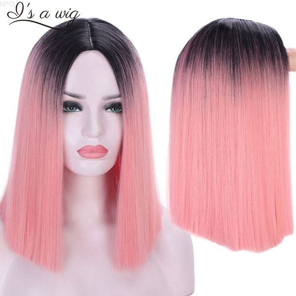 

newombre pink wig short straight synthetic blonde black hair bob wigs for women high temperature fiber