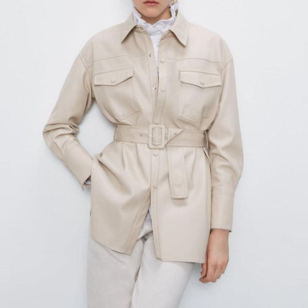 

2020 new fashion women high street soft fake faux leather jackets ladies loose khaki beige pockets belt long coats windbreaker1, Black