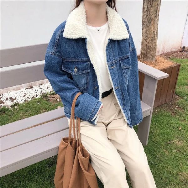 

2021 new lamb wool denim female coat autumn single lapel breasted amendment versatile small stuffed locomotive clothes 6q4e, Black;brown