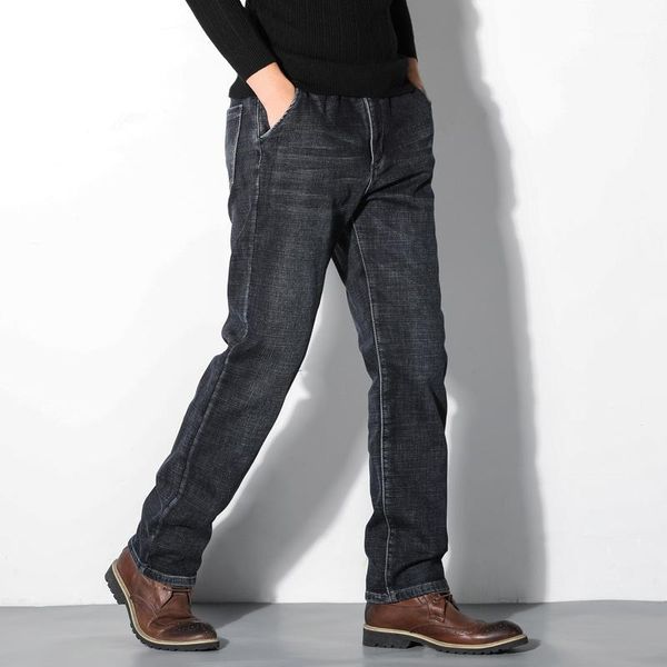 

2020 winter new men's warm slim-fit zipper jeans business fashion thick wool lining jeans1, Blue