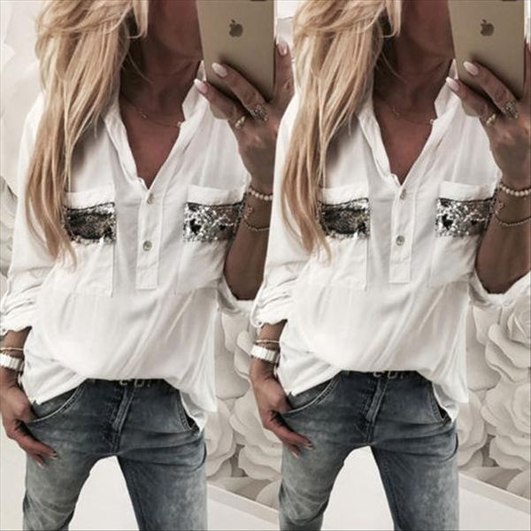 

2020 new fashion women shirts casual long sleeve ladies blouses paillette blouse summer button loose solid white elegent