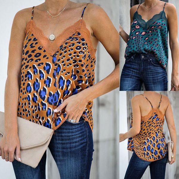 

womens fashion leopard print sleeveless v-neck lace tank vest blouse vacation casual hem crop spaghetti strap ropa mujer #c, White