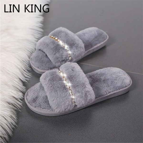 

lin king new crystal women home slippers warm fur indoor floor slippers thick sole ladies anti slip winter slides for bedroom y201026, Black