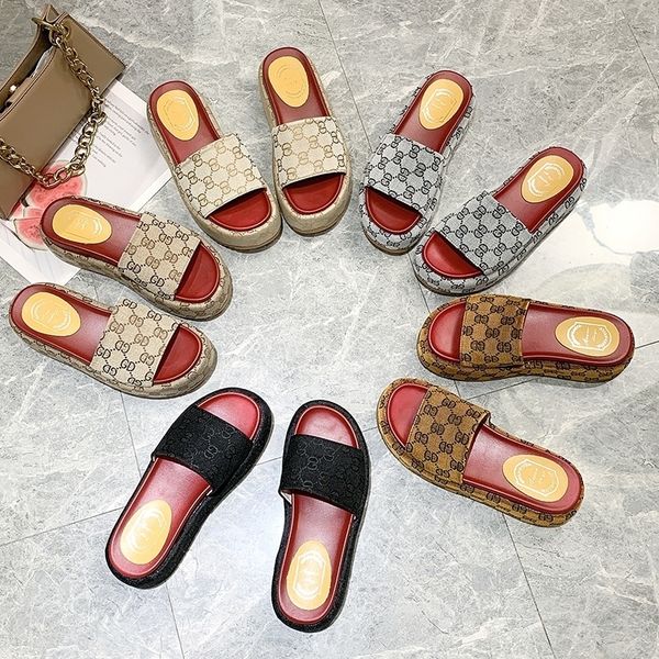 

summer high-quality canvas surface women slippers thick bottom word drag women's shoes sandals high heels casual women's sh y20062, Black