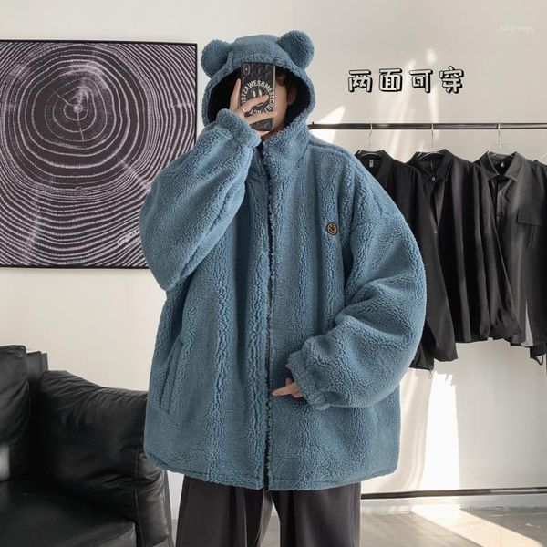 

reversible bear ear hooded winter jacket korean casual style men jacket thick parka1, Black