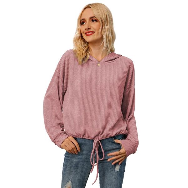 

women long sleeve pullover hoodies solid color ribbed drawstring hem sweatshirt u50c, Black