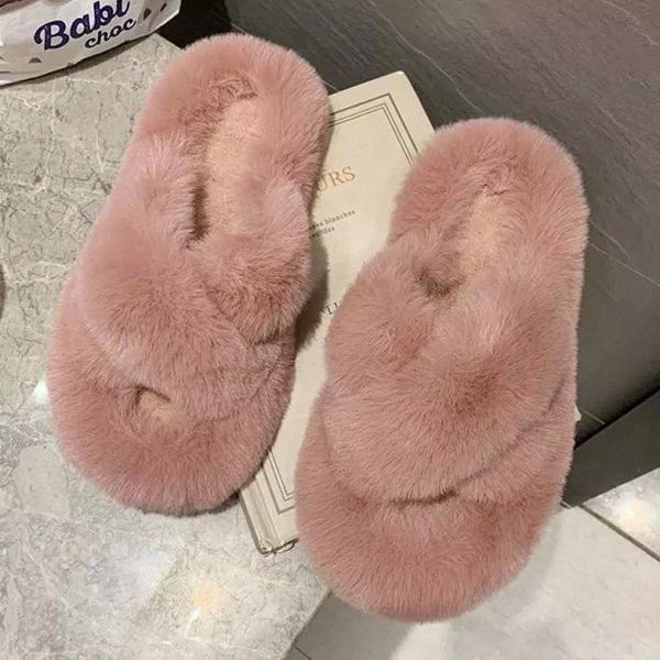 

Women Slippers Pink Winter Warm Soft Fluffy Plush House Slides Shoes For Home Fashion Non Slip Flat Fur Women Slippers #LL2E