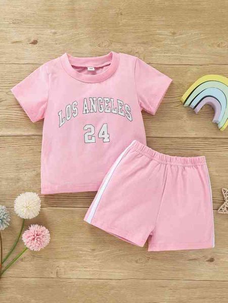 

baby letter graphic tee & contrast tape shorts she, White