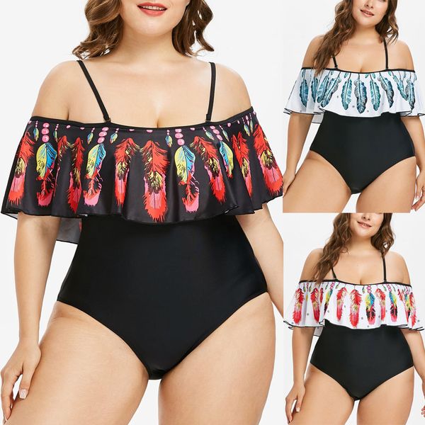 

oversized one-piece women's swimsuit feather print push-up bikini brazilian thong swimwear summer pool beachwear xl-5xl, White;black