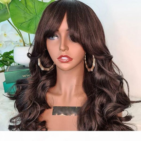 

chocolate brown wavy brazilian remy human hair lace wigs for women fringe wigs 180desnity full lace with silk top, Black;brown