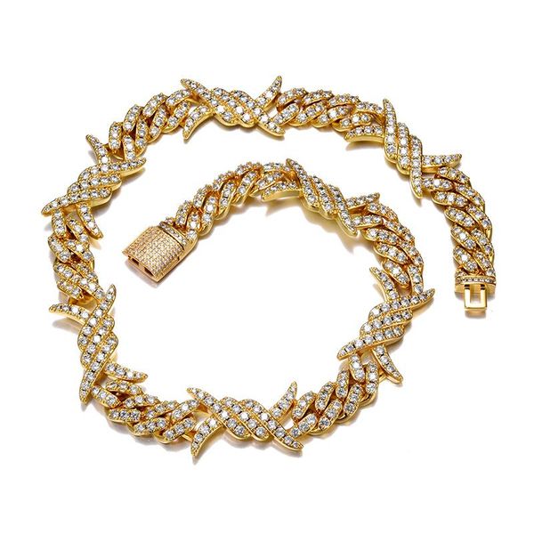 

us7 19mm iced out bling heavy thorns box buckle cuban link cubic choker necklaces with solid back for men hip hop rock jewelry, Silver