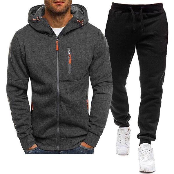 

casual tracksuit men set autumn spring zipper sweatshirt hoodies +pants outfit sportswear two piece set male suit mesn clothing, Gray