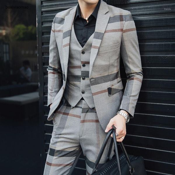 

fashion plaid 3 pcs men's suit wedding dress groom large size slim casual tuxedo banquet party men's business formal suit 5xl1, White;black