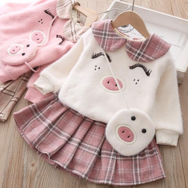 

clothing sets fall and winter baby girls plaid skirt embroidered t shirt 2021, White