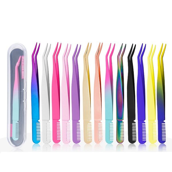 

14styles stainless steel thin mouth with comb eyebrow clip eyebrow trimming tweezers wearing false eyelashes beauty tools with box ship