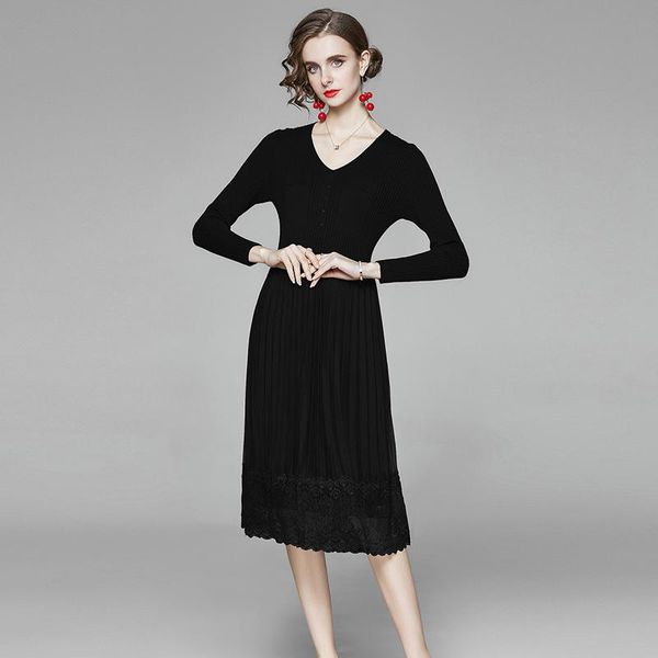 

women dresses cotton knitted office lady lace a-line solid dresses mid-calf full sleve party night women elegant autumn, Black;gray