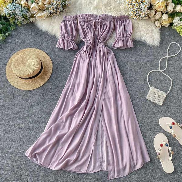 

chic bandeau lace up long holiday dress high waist hip split design a line vestido puff short sleeve purple ropa patchwork1, Black;gray
