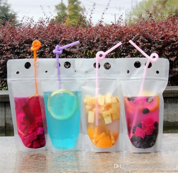 

stand-up 500pcs frosted clear drink zipper pouches bags plastic drinking bag straw with holder reclosable heat-proof 17o