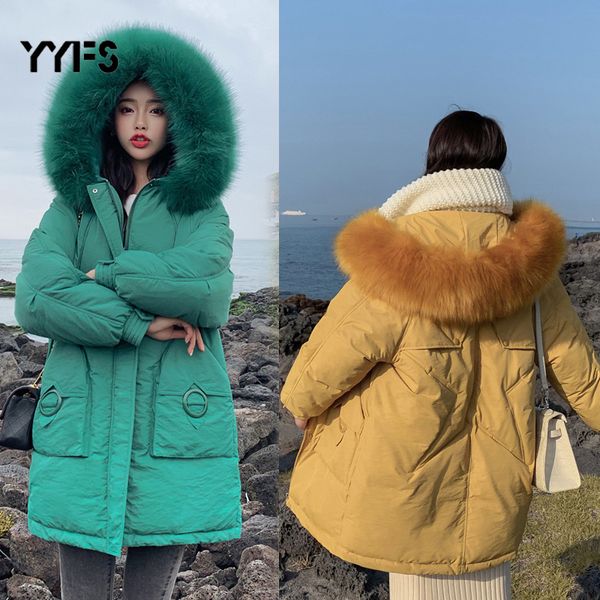 

female winter jackets and long coats 2019 hooded parkas for women wadded jacket warm outwear big faux fur collar chaqueta mujer t200319, Black