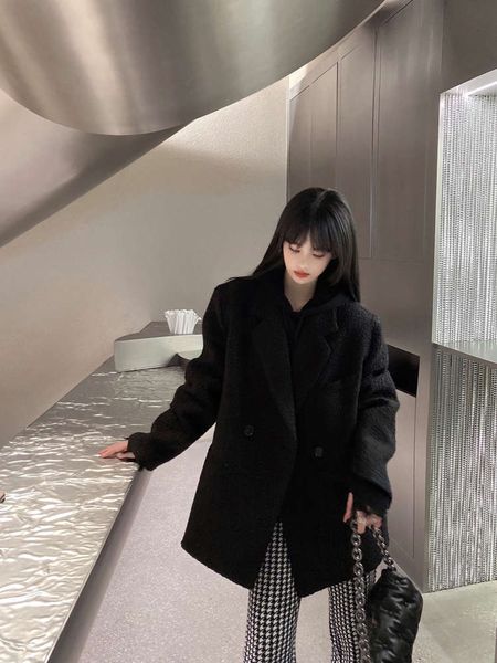 

fairyjiang winter black circled women's cool sa wind suit thickened short tweed coat, White;black