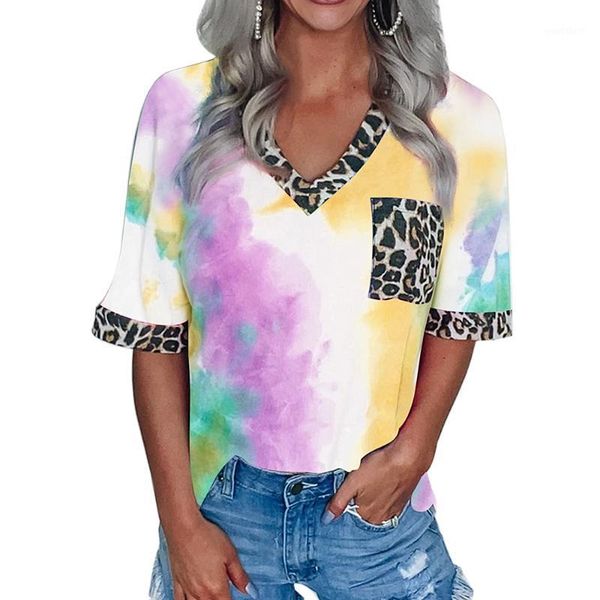 

tie dye print patchwork women blouse casual v-neck long sleeve shirt leopard print blouses harajuku female mujer1, White