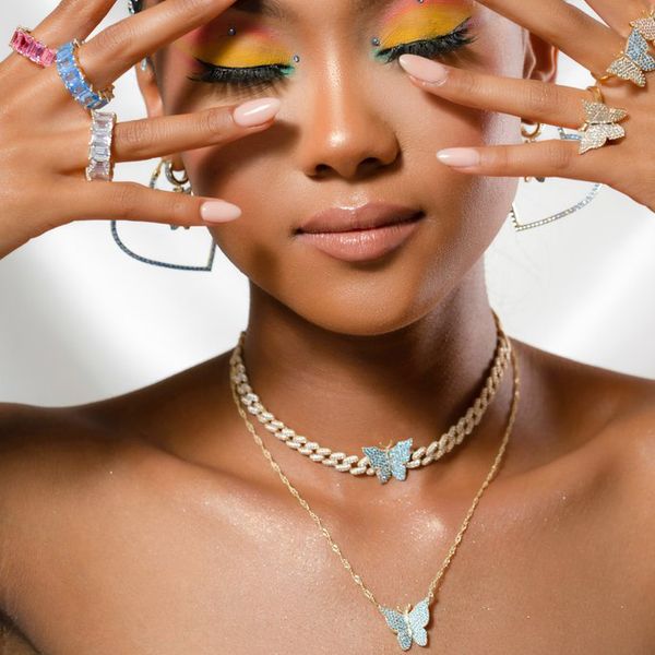 

gold metal color micro pave blue pink white cz butterfly charm miami cuban link chain choker necklace for women 2021 new fashion jewelry, Silver