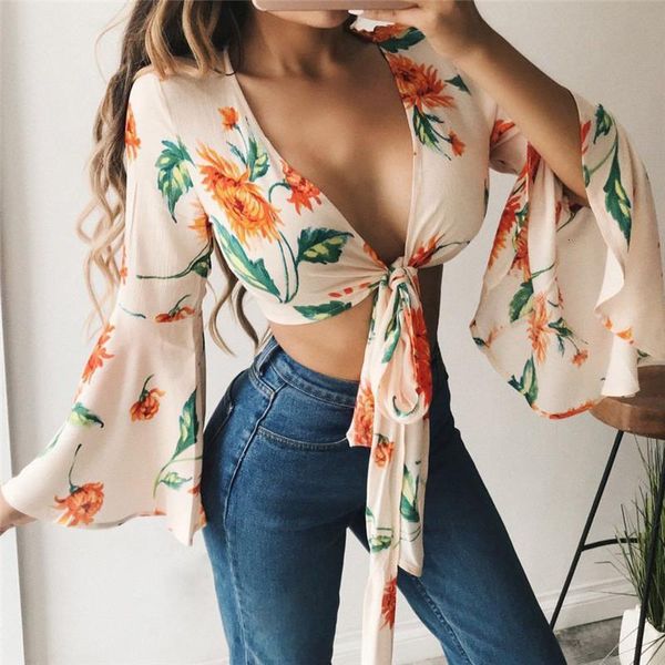 

summer beach boho flare sleeve blouse deep v neck floral cropped blouse vacation casual ladies chiffon shirt, White