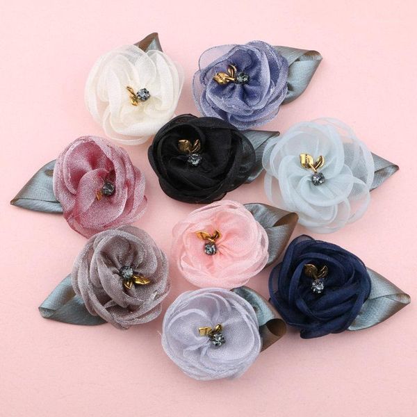 

20pcs handmade rolling chiffon flowers with leaf decorated floral button patch sticker craft ornament accessories1, Golden;silver
