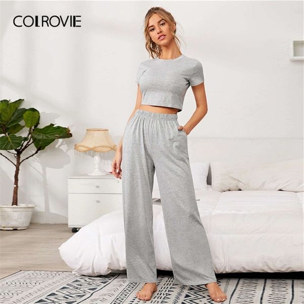 COLROVIE Girocollo Crop Tee con pantaloni a gamba larga PJ Set Donna Autunno Pigiama Solido Basic Casual Salotto Pigiama Set 201217