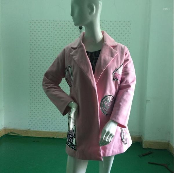 

autumn new women's woolen coat wide waist open stitch overcoat 2019 korean slim embroidered patch thin woolen coat windbreaker1, Black