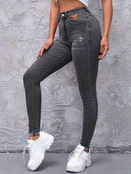 

high waist patch detail skinny jeans 61ms#, Blue