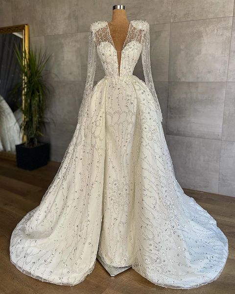 

luxurious mermaid wedding dresses with detachable train bridal gown custom made lace sequins trumpet floor length robes de mariÃ©e, White