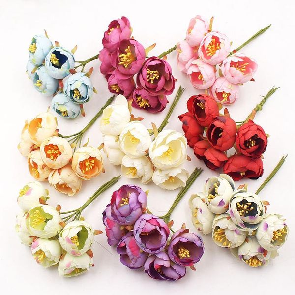 

6pcs/lot rose mini tea buds artificial flowers bouquet handmade diy craft wreath scrapbooking for home wedding decoratio jllfkh