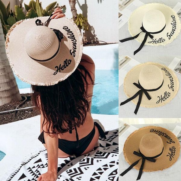 

fashion ladies womenÂ´s wide edge summer beach straw hat with letters printed, Blue;gray