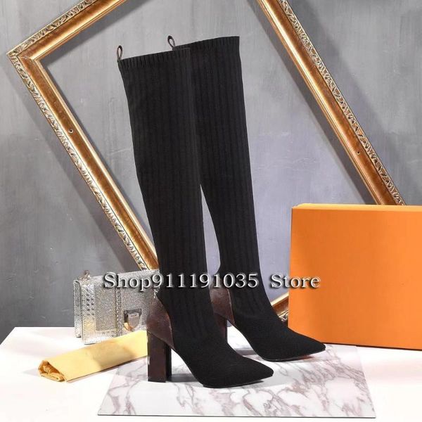 

boots 2021 women's leather high-quality fashion stretch, Black