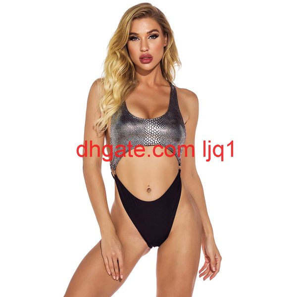 

2021 new women's swimsuit snake pattern splicing metal ring high fork triangle one-piece swimsuit, White;black