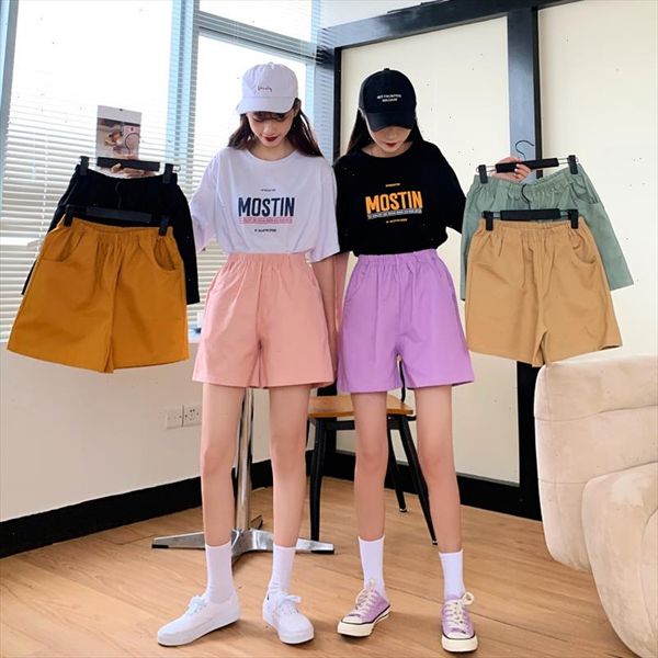 

6 color tooling shorts female punk style summer 2021 solid color loose straight casual high waist cotton shorts, White;black