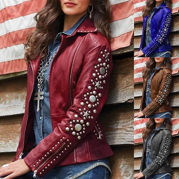 

womens ladies jacket autumn winter leather solid lapel zip jacket long sleeve coat studs short moto biker coat outerwear #40, Black;brown